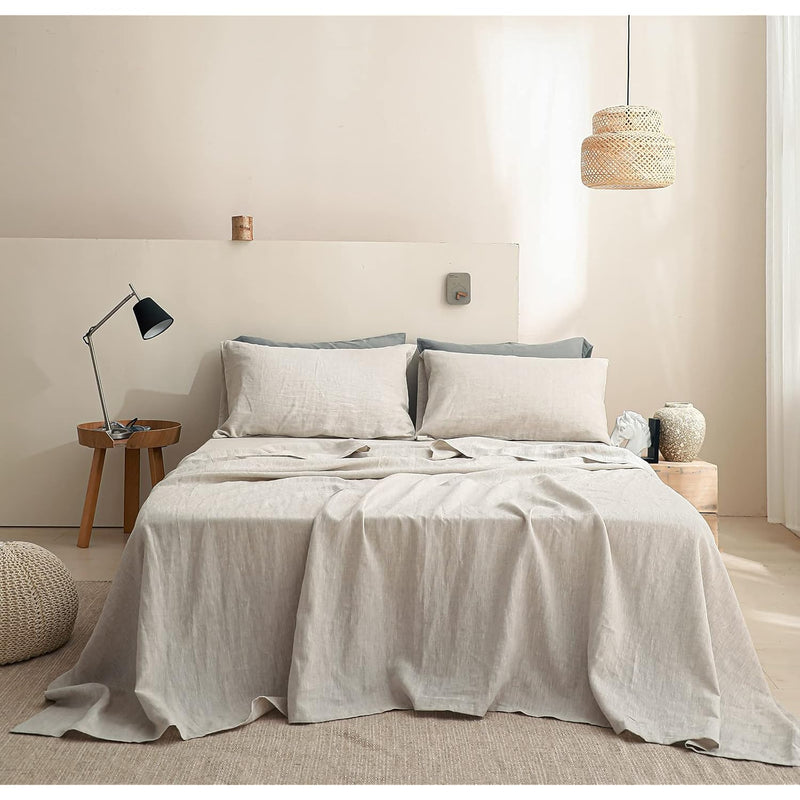 100% Linen Sheet Set Solid Color-4 Pcs Washed French Linen Bed Sheets(1 Flat S