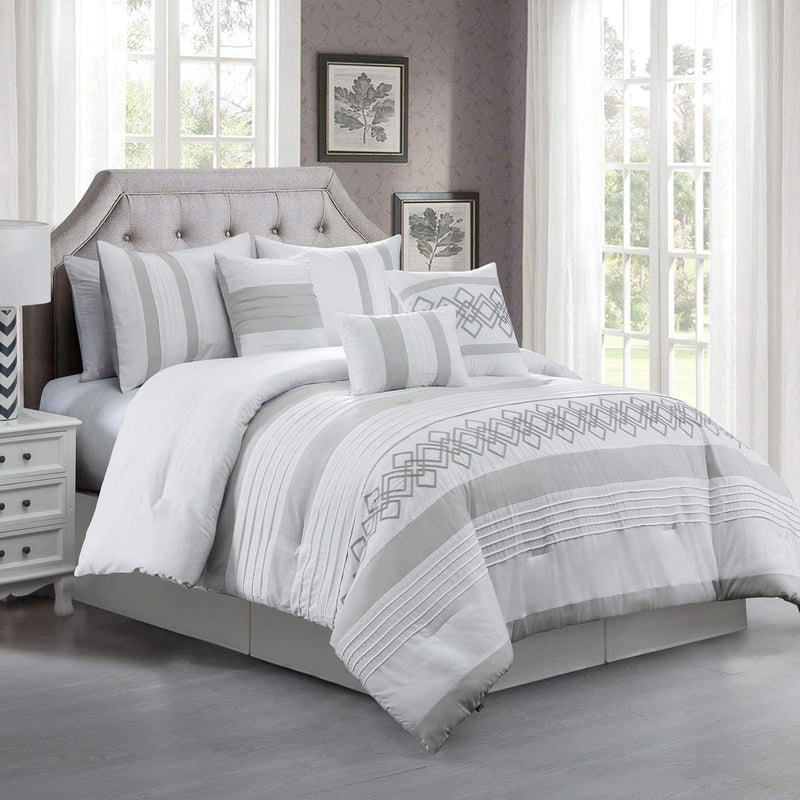 Ariel 7-Piece Gray Geometric Chenille Embroidery Pleated Striped Comforter Bed