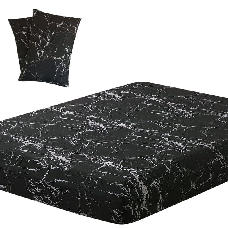 Lightweight Cooling Microfiber Bed Sheet, Print Unique Marble Pattern Black Co