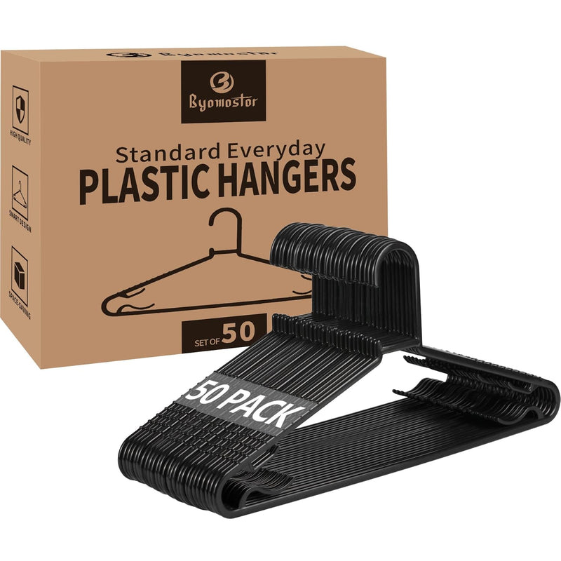 Black Plastic Hangers 50 Pack, Light Weight Durable Clothes Hangers G-Shape Stan