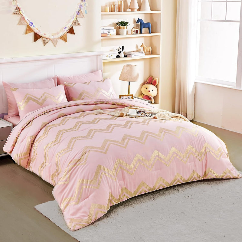 Queen Comforter Set Pink, 7 Pieces Queen Bedding Set, Pink Comforter Set Queen