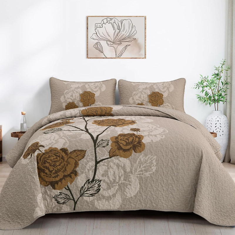 Floral Quilt Set Queen Size,Elegant Brown Floral Printed Bedspread Coverlet 3