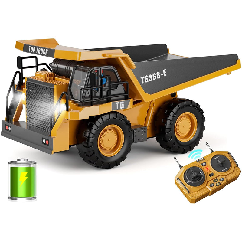 Rc Dump Truck Toy, 9 Channel Remote Control Toy With Metal Bed & Light, Rec