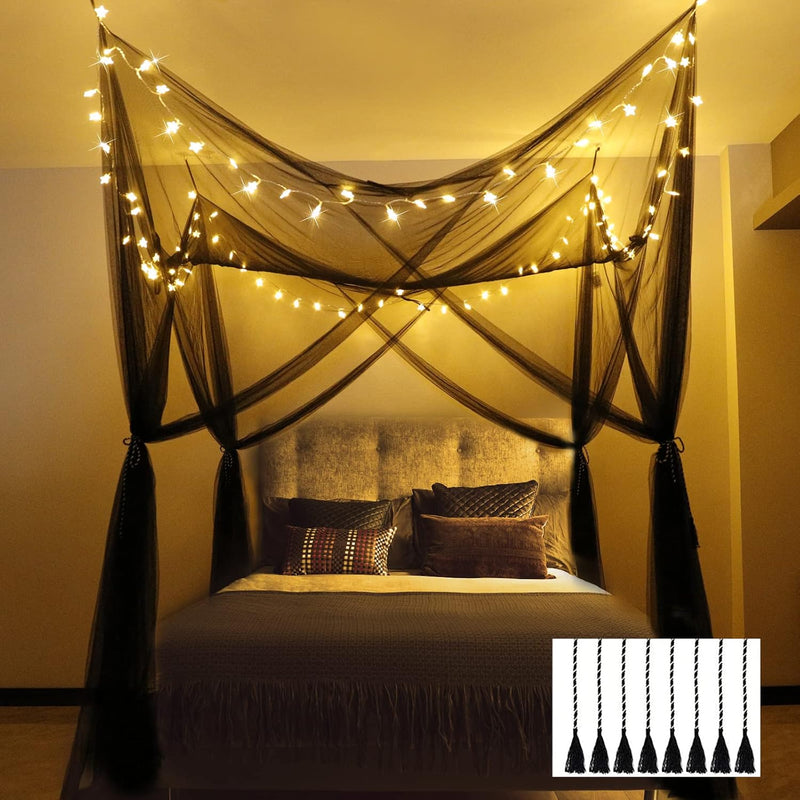 Black Canopy Bed Curtains With Lights Bedroom Decor 4 Corners Post Led Black B