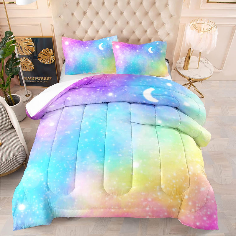 Rainbow Comforter Teens Colorful Starry Night Girls Bedding Set Full Size 3 Pi