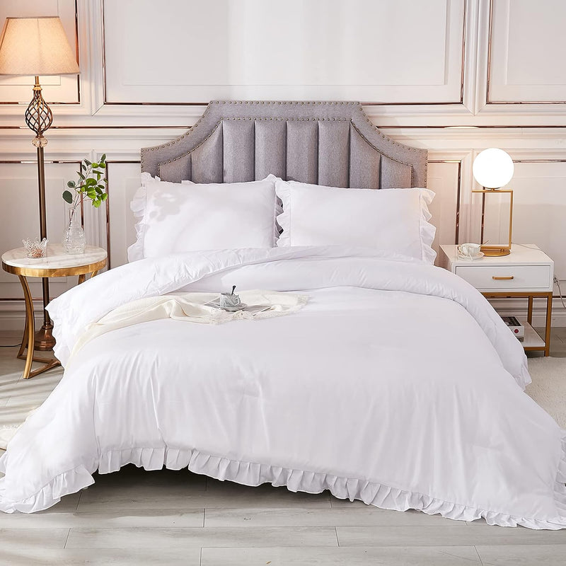 White Comforter Queen Set(90X90Inch), 3 Pieces(1 Ruffle Comforter And 2 Pillow