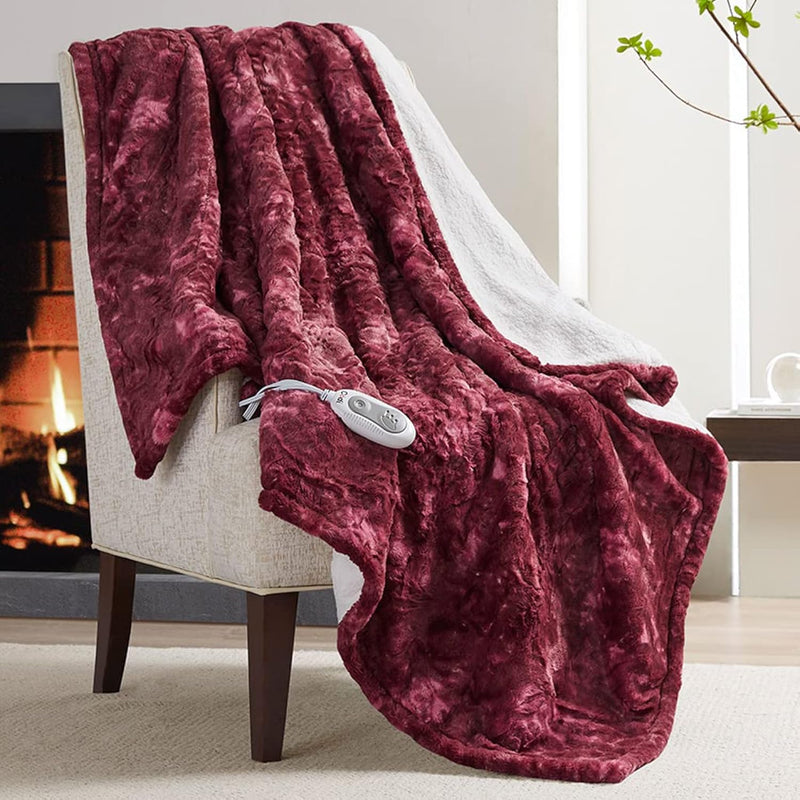 Soft Oversize Heated Throw Blanket, Burgundy Faux Fur With Fuzzy Sherpa Back |