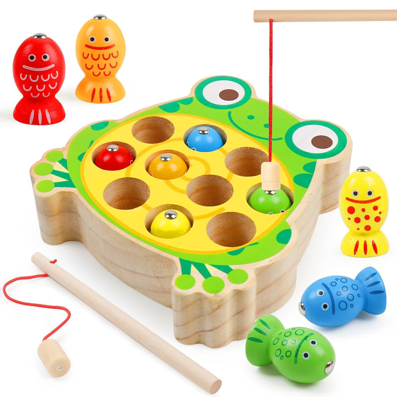 Magnetic Wooden Fishing Game Toys for Toddlers,Wooden Frog Magnets Fishing