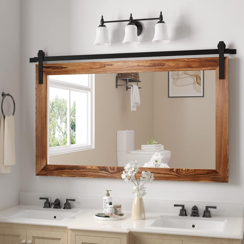 Farmhouse Barn Door Mirror - 39" X 24" Rustic Wood Framed Wall Mirror For Bath
