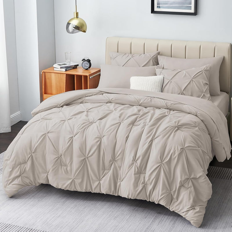 King Size Comforter Set - 7 Pieces Comforters King Size Beige, Pintuck Bed In