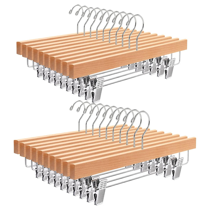 24 Pack Natural Wooden Pants Hangers With Clips, Wood Skirt Hangers Trouser Hang