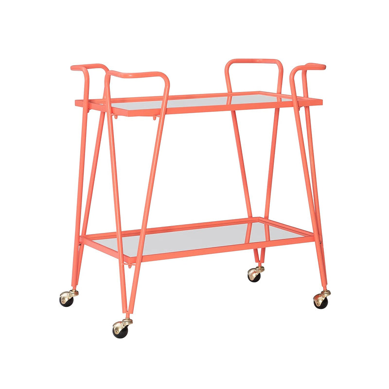Gina Coral Mid-Century Bar Cart With Mirrored Shelves And Locking Wheels