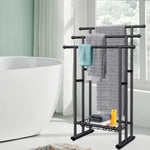 40" H Free Standing Towel Rack, 3 Tier Alloy Steel Stand with Basket, Blanket Drying and Display Rack for Oversized Bath Towels Bathroom Accessories, Next to Tub or Shower (Black)