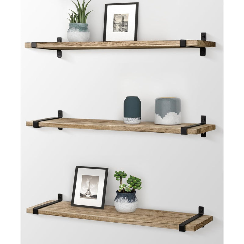 Floating Shelves Natural Wood Set Of 3, 24 Inch Rustic Solid Wood Shelf Wall M