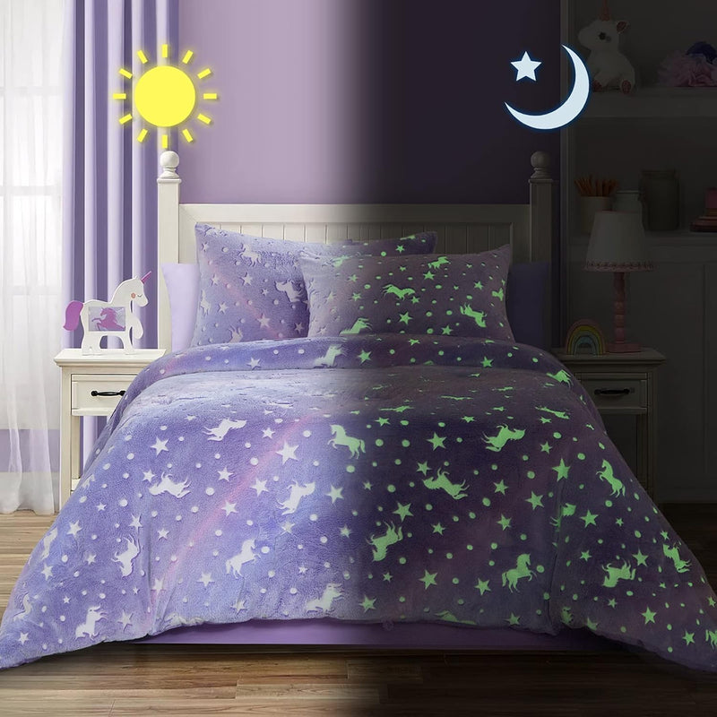 Glow In The Dark Comforter Set 7 Piece Full Size With Sheets, Purple Velvet Be