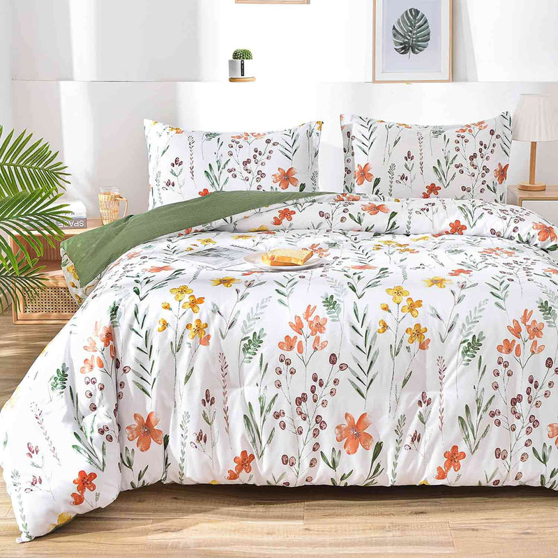 Queen Size Comforter Set, White Yellow Floral, Green Leaf Pattern Print Revers