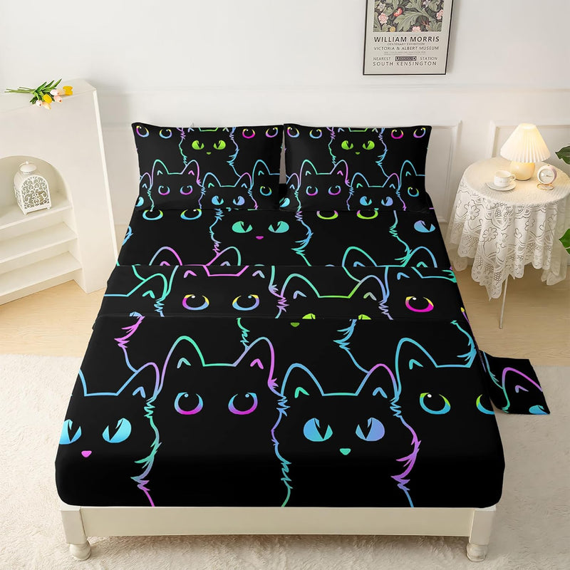 Cute Cartoon Cat Sheets Set Full Size,Animals Kids Bed Sheets With 2 Pillowcas