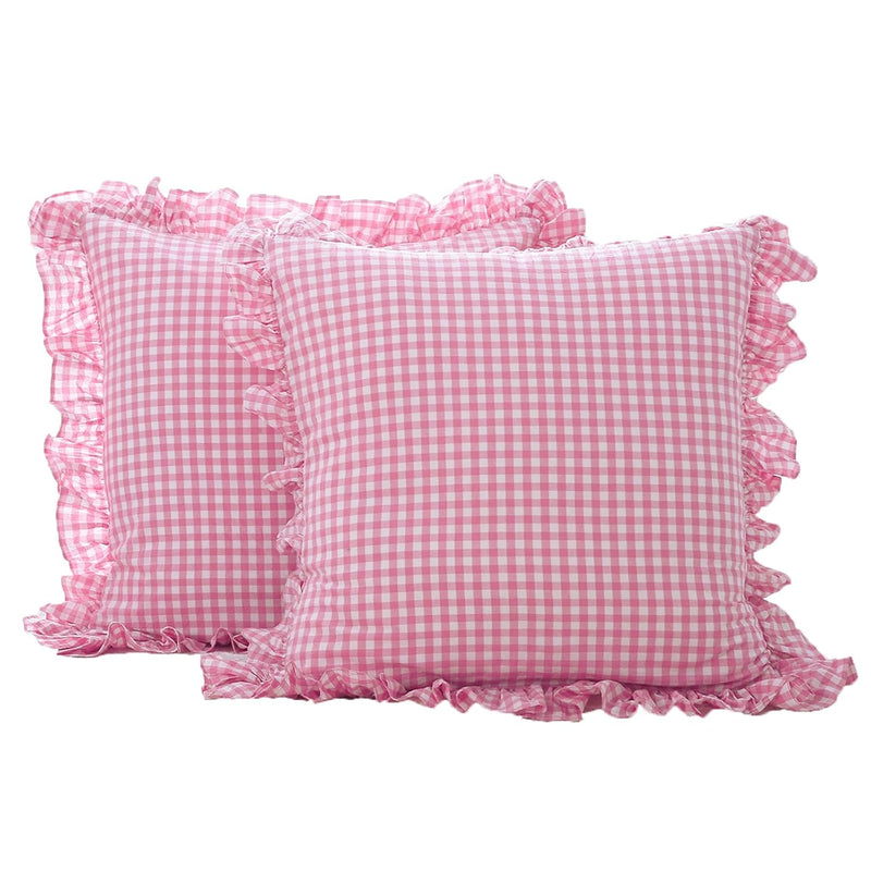 2 Pack Pink Plaid Ruffle Euro Pillow Shams 26X26 Inches, Washed Cotton Pink An