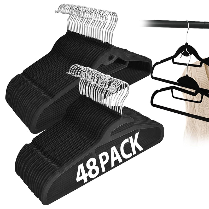 Black Velvet Hangers 48Pack, S-Shaped And Stackable Non Slip Felt Hanger With 36