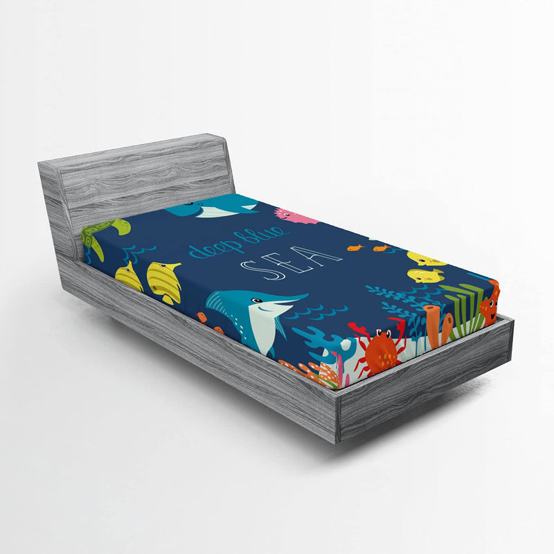 Cartoon Fitted Sheet, Underwater Graphic Algaes Coral Reefs Turtles Fishes The