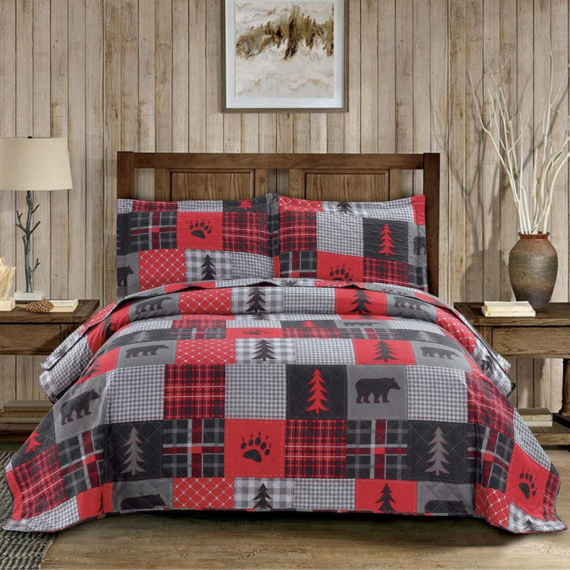 Rustic Bear Quilts Set King Size,Lightweight Plaid Bedspread Coverlet Rustic L