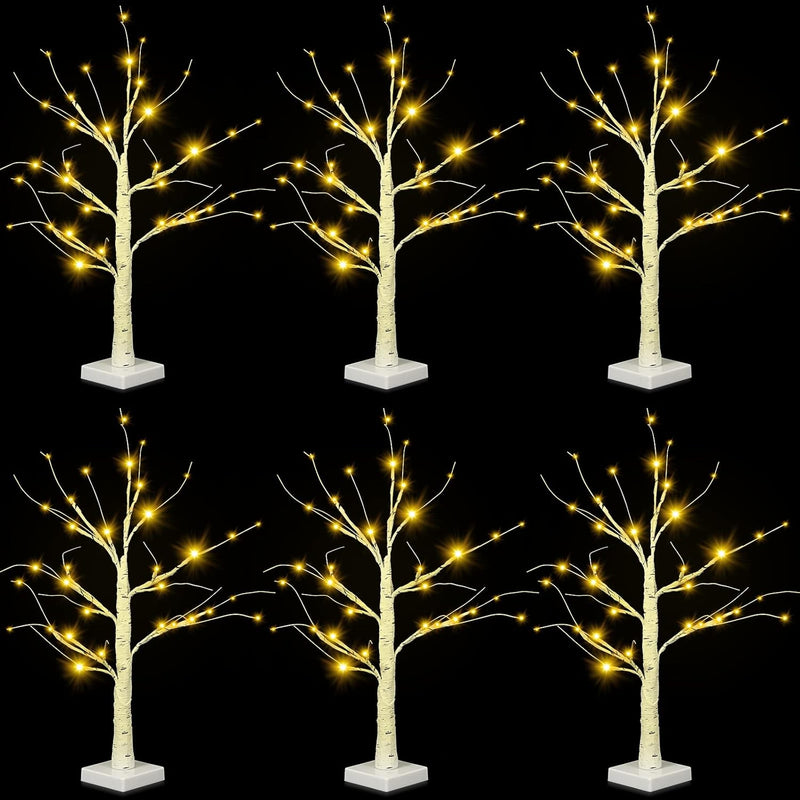 Set Of 6 Christmas Lighted Birch Tree With Led Lights Bulk White Table Artific