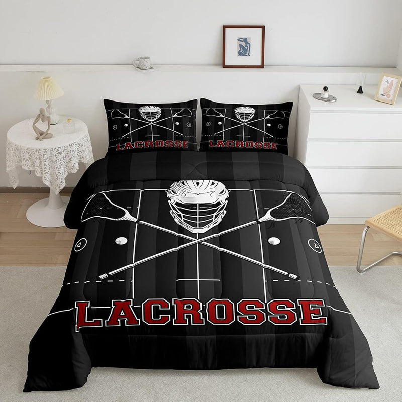 Lacrosse Comforter Set Queen Size, Sports Gaming Theme Quilt Set With 2 Pillow