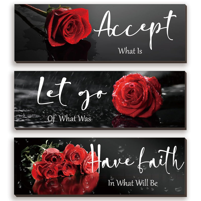 3 Pcs Red Decor Flower Inspirational Wooden Wall Art Red Roses Decor Office Wa