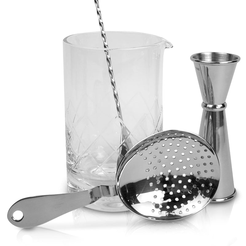 Bartending Kit with Crystal Mixing Glass, Jigger, Strainer & Bar Spoon
