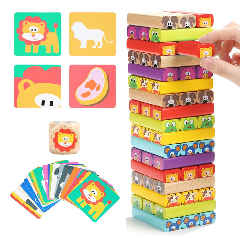 TOP BRIGHT Colored Wooden Blocks Stacking Board Games for Kids Ages 4-8 wit