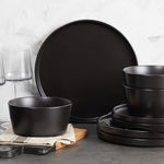 Coupe 16-Piece Stoneware Dish Set, Celina Service for 4, Black Plates and Bowls Dinnerware Set, Dishwasher and Microwave Safe, Black Matte