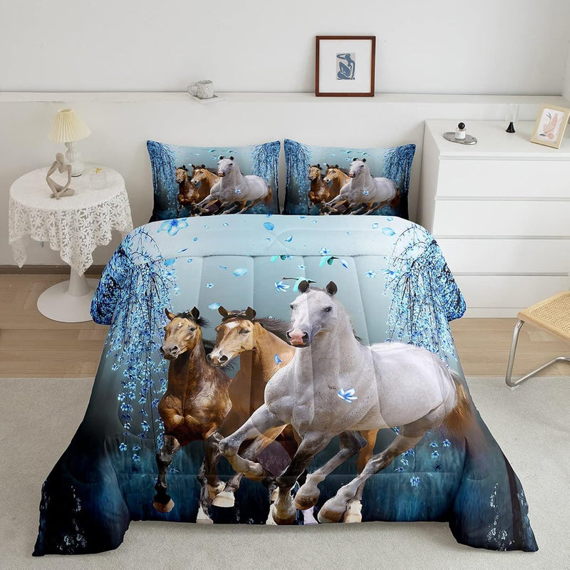 Boys Horse Twin Size Comforter Set Cherry Blossom Branches Steed Kids Dreamy B