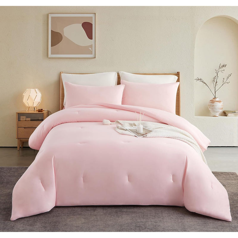 Jersey Knit King Size Comforter Set, T-Shirt Soft Pink Bedding Sets, 4 Pcs Bed