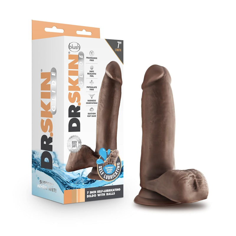 Dr. Skin Glide 7 Inch Self Lubricating Dildo With Balls Suction Cup Harness Compatible Body Safe Realistic Look And Feel Sex Toy For Her Him Couples Chocolate