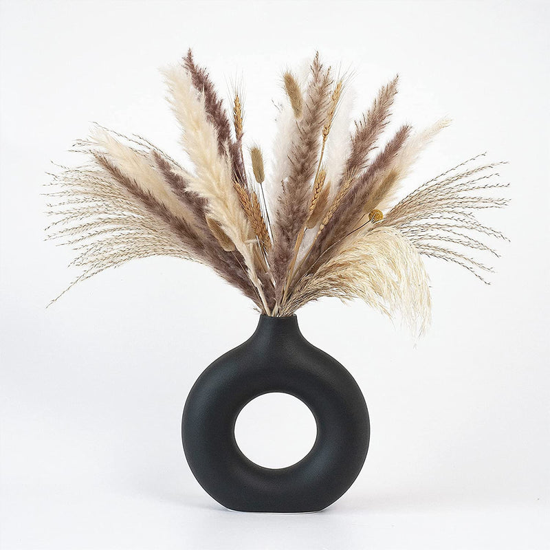 Black Donut Vase Hollow Ceramic Vase For Flowers Handmade Minimalist Boho Ins