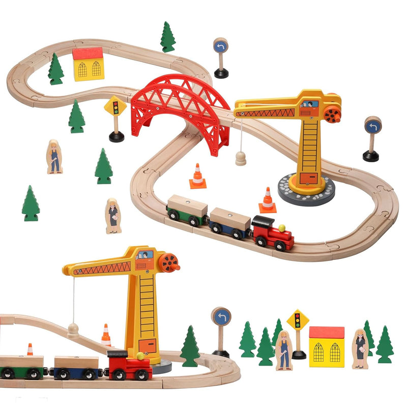 SainSmart Jr. Wooden Train Set for Toddler, 41pcs Wood Train Track w/Crane