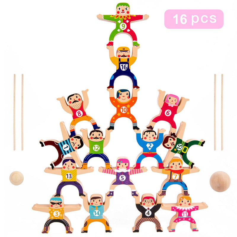 16Pcs Wooden Stacking Toys,Circus Hercules Acrobatic Troupe Toy, Balancing