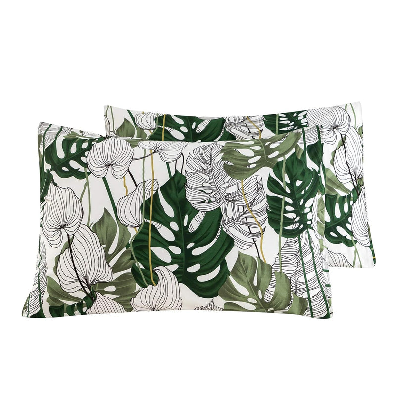 Pillowcases 100% Cotton King Size Set Of 2 Green Monstera Leaves Plants Print