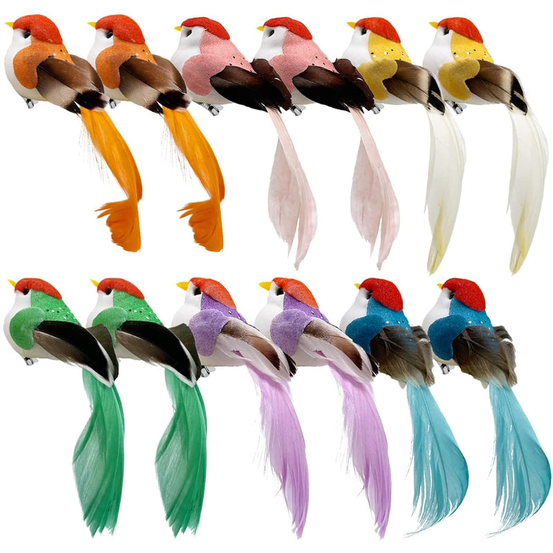 3.9" Realistic Decorative Birds For Crafts, 12 Pack Clip On Artificial Foam Fe