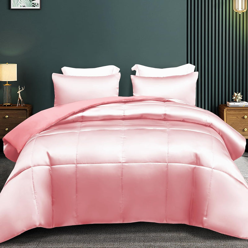 3-Piece Reversible Queen Size Silk Comforter Set/Bedding Set, Soft Satin Comfo