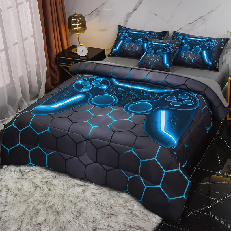 6Pcs Game Console Comforter Set With Sheets For Boys Girls Kids Teens, Geometr
