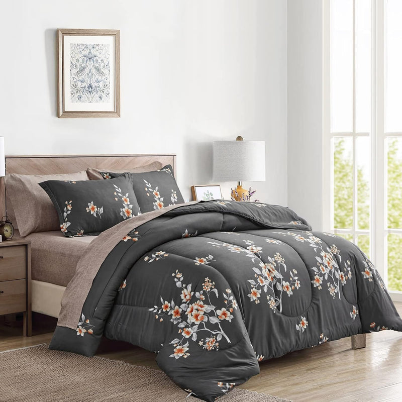 6 Pieces Bed In A Bag Twin Comforter Set With Sheets, Dark Grey Floral Design