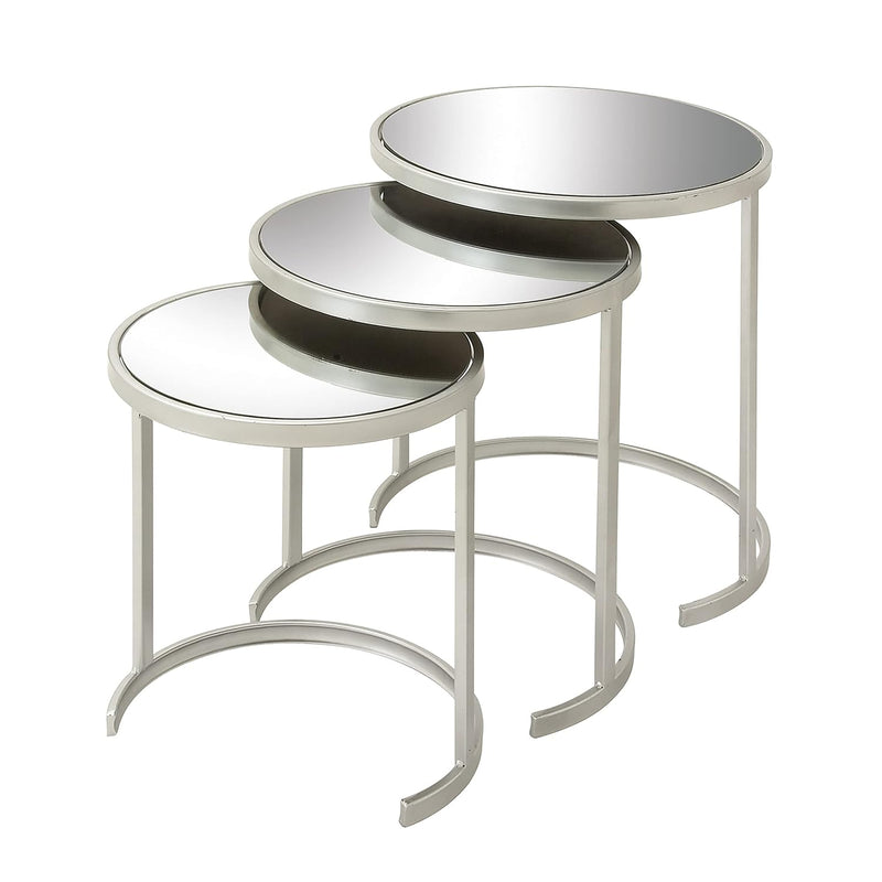 Metal Nesting Accent Table With Mirrored Glass Top, Set Of 3 21", 19", 17"H, S