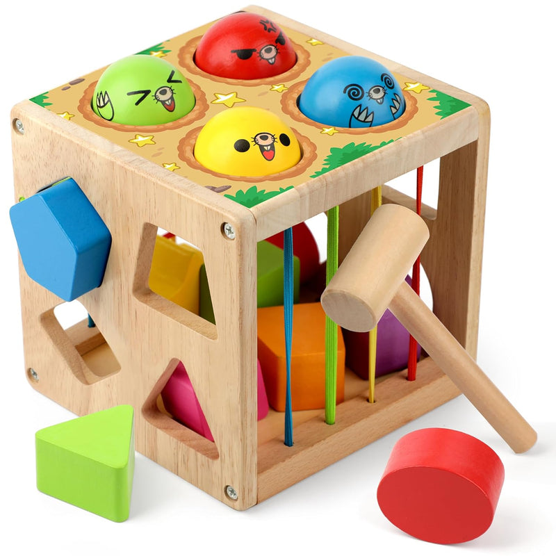 Coogam Wooden Montessori Toys for Toddlers, Shape Sorting Cube Whack Mole F