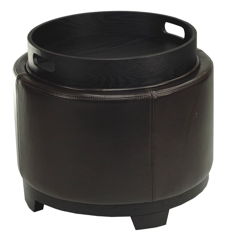 Hudson Collection Chloe Leather Single Tray Round Storage Ottoman, Brown