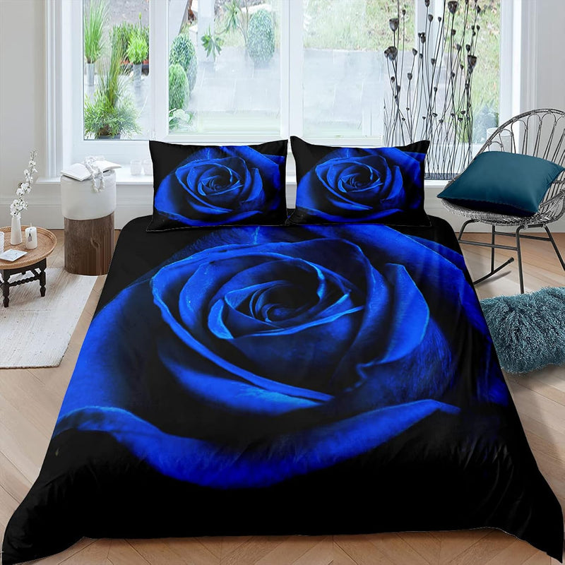 Valentine'S Day Duvet Cover Set Queen Size Royal Blue Rose Floral Bedding Set