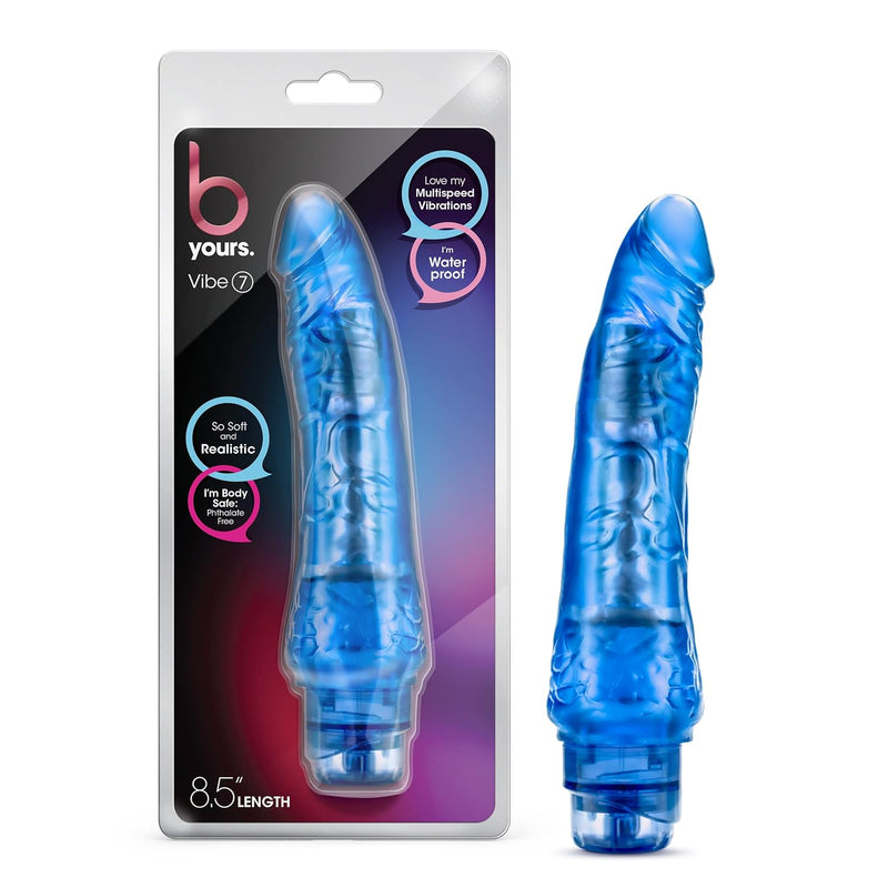B Yours Vibe #7 - Soft Multispeed Vibrating Dildo - 8.75 Inch Long - 1.75" Wide - Flexishaft Flexible Body Conforms To Your Body - Waterproof Vibrator - Sex Toy For Women - Clear Blue