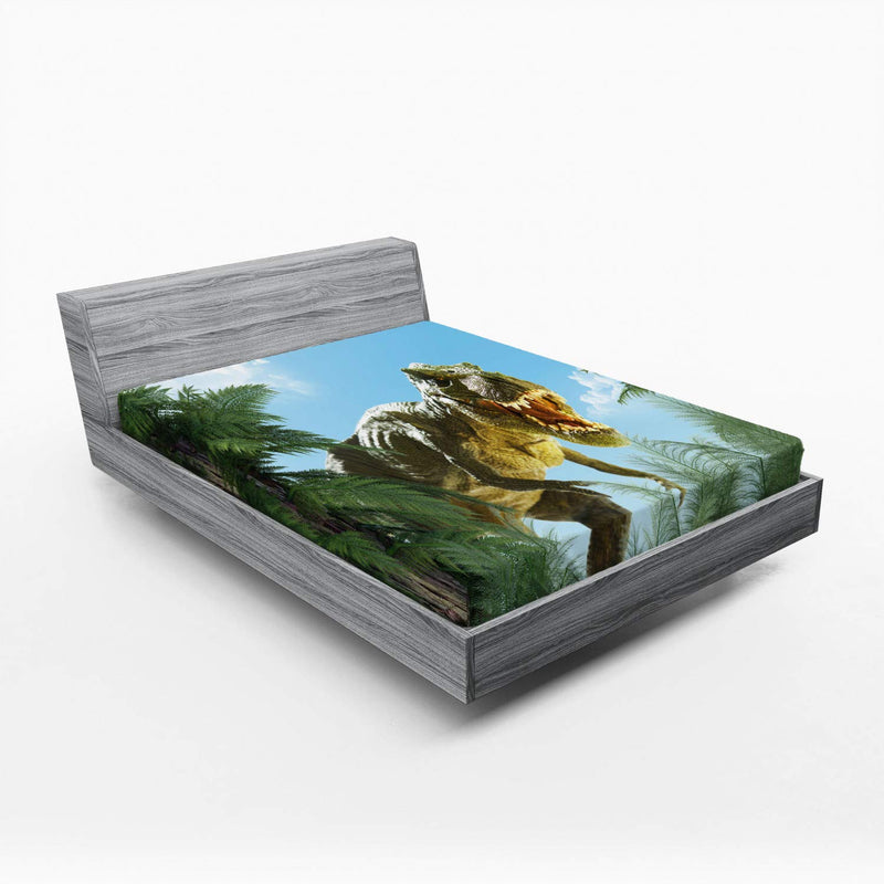 Fantasy Fitted Sheet, Giant Dinosaur In Forest Jurassic Monster Fossil Creatur