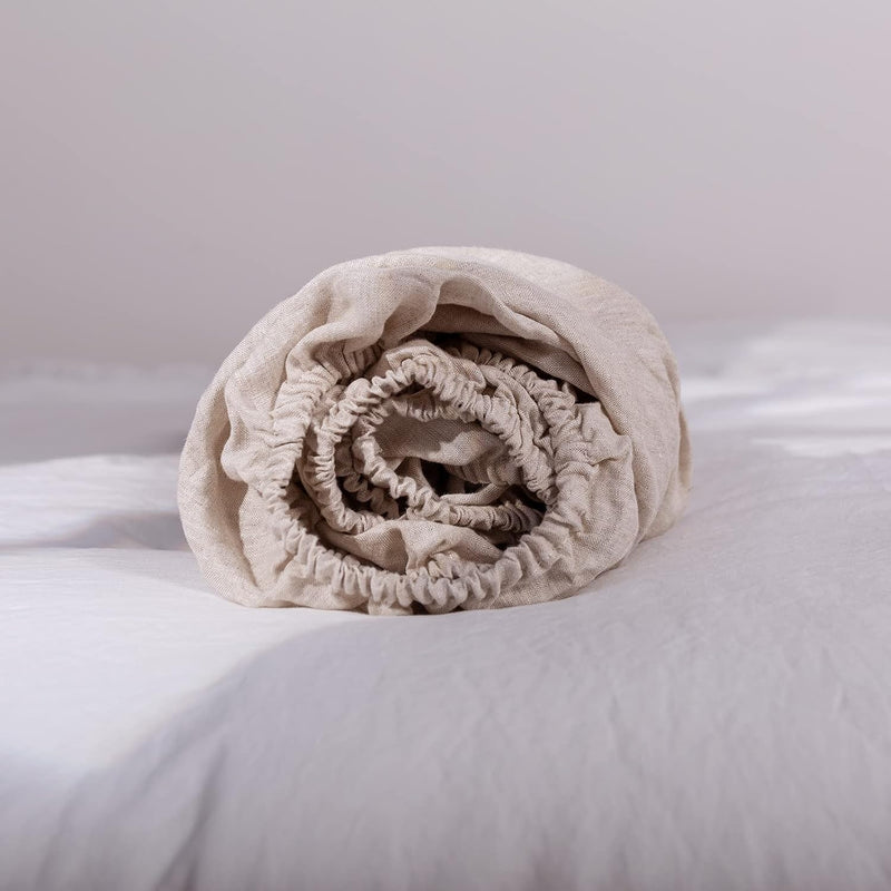 100% Linen Fitted Sheet (1 Piece) - 15 Inch Deep Pocket Mattress Cover Stone W
