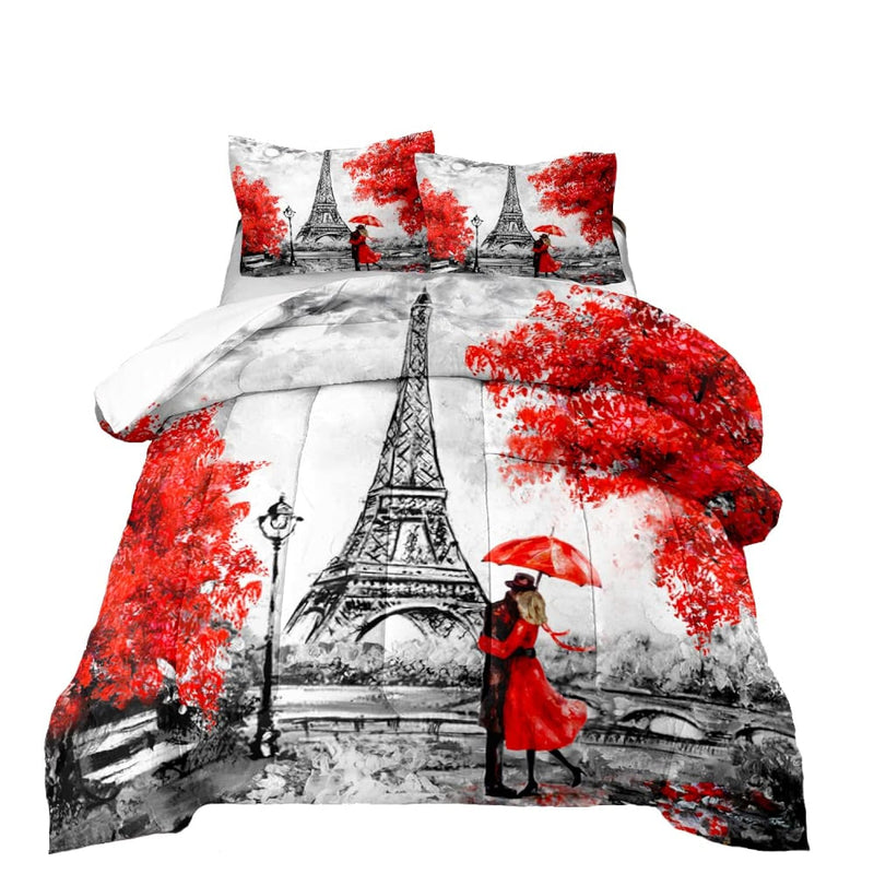 Romantic Paris Eiffel Tower Printed Quilt, Red Maple Leaf With Lover Coupler C